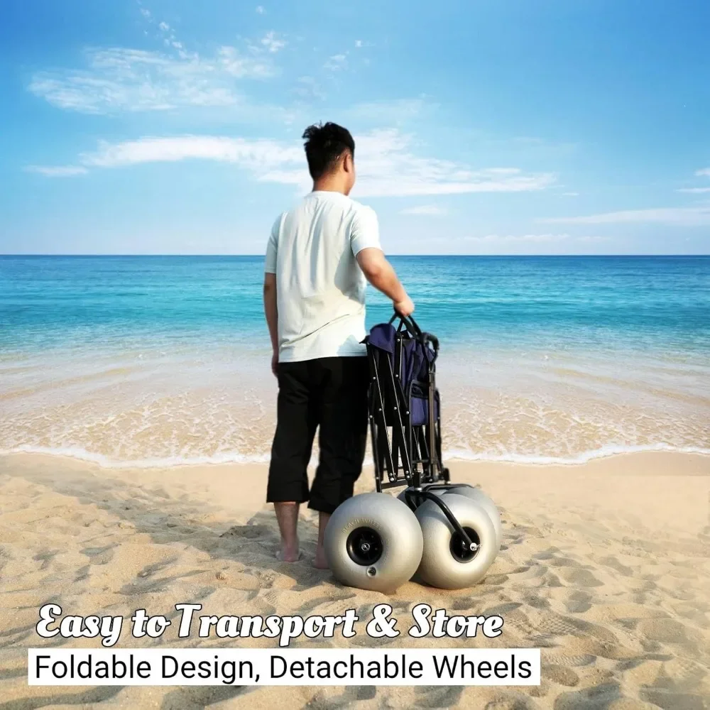 Beach Wagon with 13'' Balloon Wheels, Heavy Duty All-Terrain Collapsible Cart with Big Wheels for Sand, Pump Included, Patented
