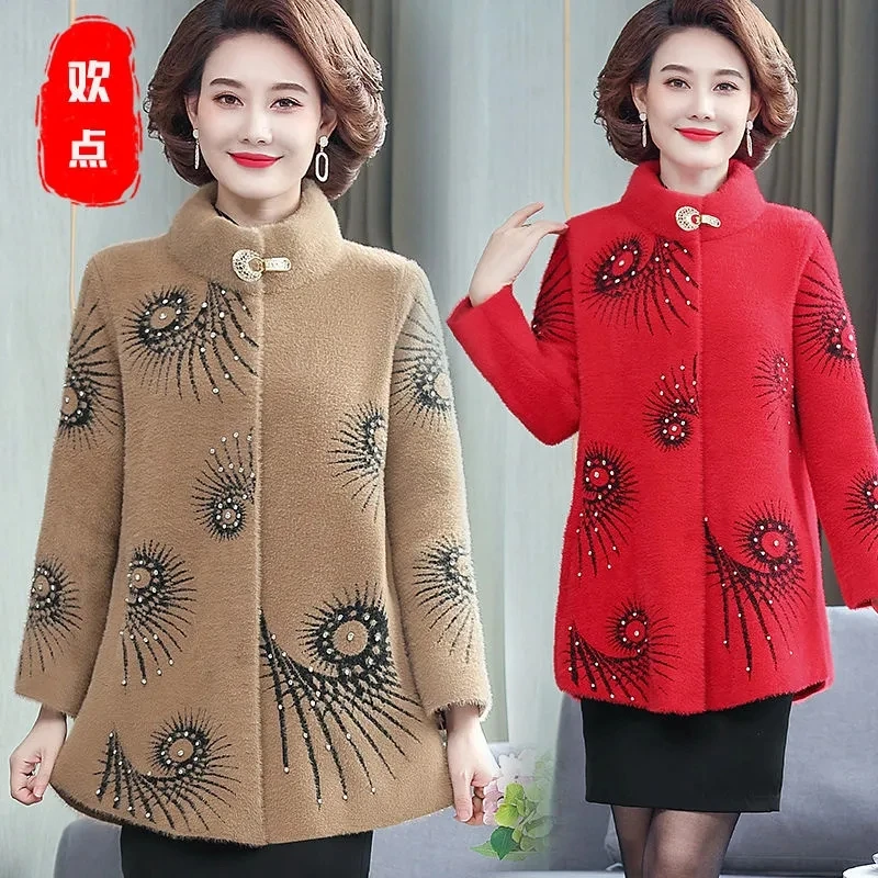 Middle-aged Mother Spring And Autumn Winter Coat Fashion Middle-aged And Elderly Women's Imitation Mink Nelvet Explosion  Coat.