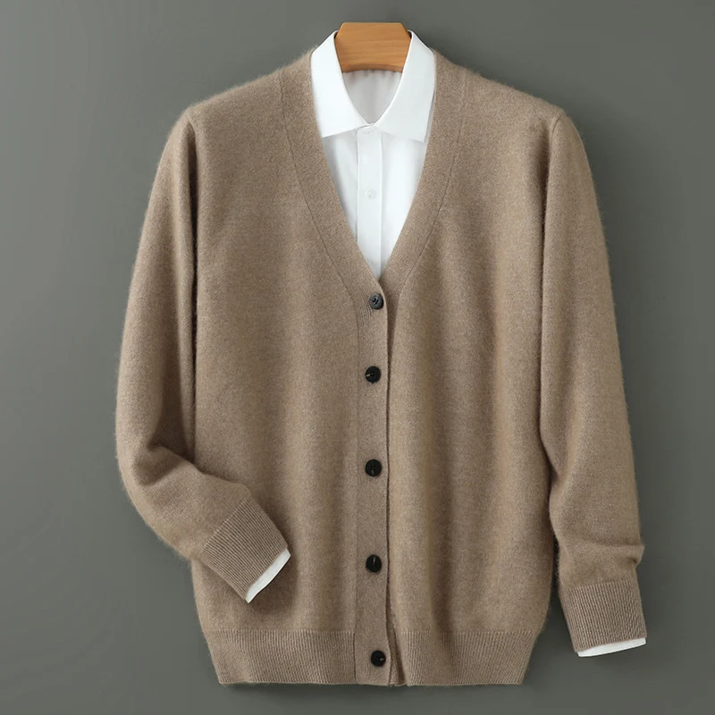 Cardigan à col en V pour femme, haut 100% vison, cachemire, pull décontracté, grande taille, automne, hiver, nouveau