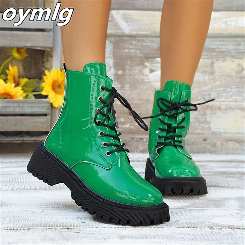 Large Women's Boots 2023 Autumn New Lacquer Leather Mid Heel Round Head Short Tube Motorcycle Handsome Slim Boot Trend