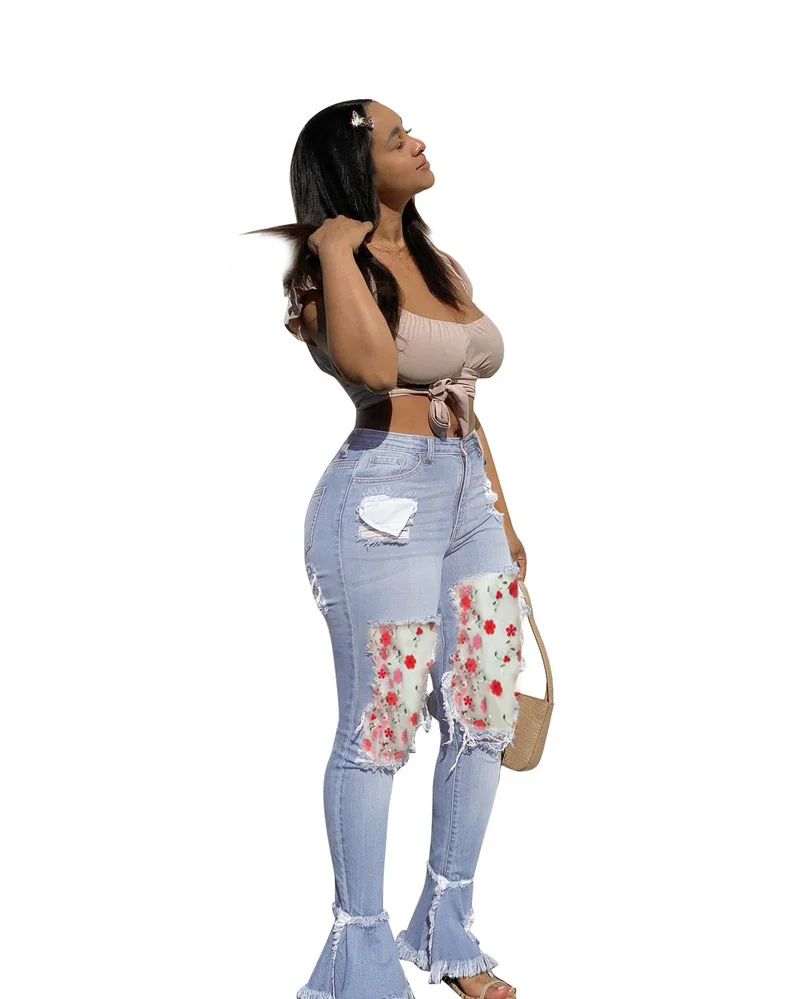 Multicolor Flower Embroidery Mesh Sheer Boho Patchwork Denim Joggers Women Spring Stretchy Ripped Skinny Flare Jeans Bell Bottom