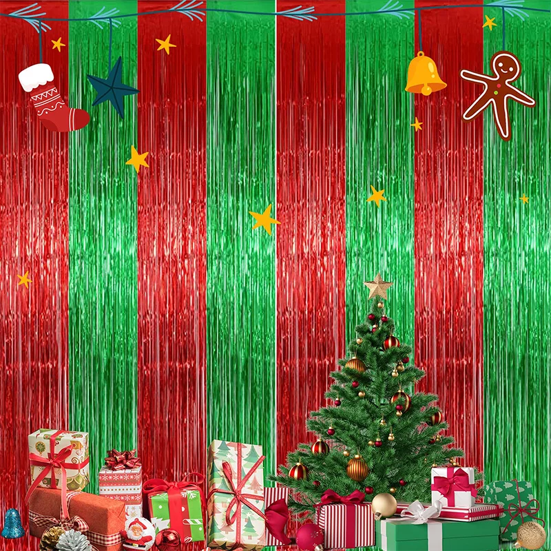 

3 Pack Christmas Foil Fringe Shimmer Curtain Door Window Decoration for Birthday Wedding Party (Red with Green)
