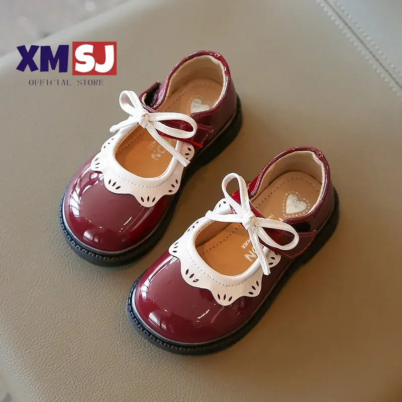 

Girl's Princess Shoes Wine Red Black Ruffles Elegant Patent Leather Bowknot Children Flat Shoes 21-35 Toddler Kids Single Shoe