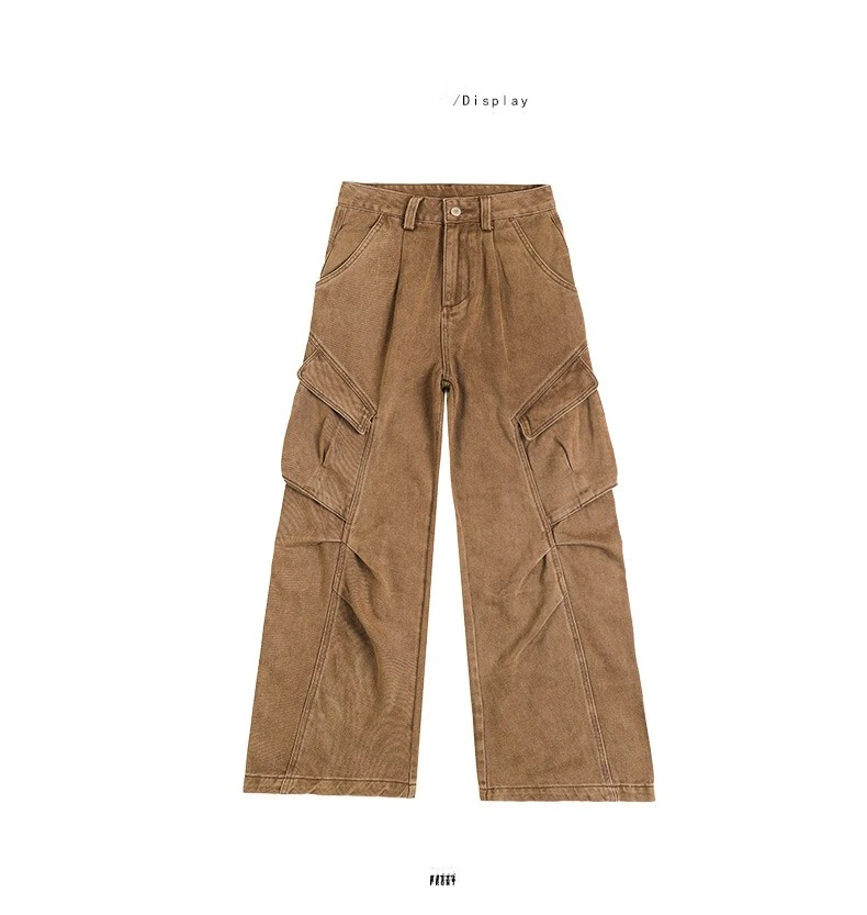 Retro Casual High Waisted Baggy Cargo Jeans Women Washed Distressed Wide Leg Pants Brown Denim Y2K Streetwear Vintage Trousers