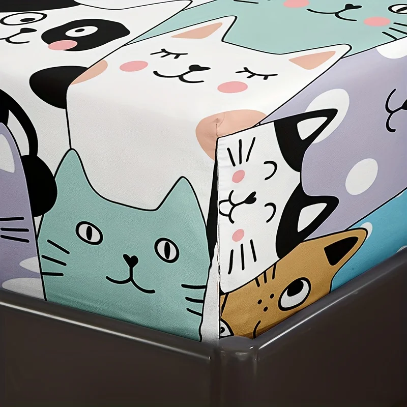Cartoon Cat Print Fitted Sheet Set Non-slip Dustproof Mattress Cover Soft Comfortable Breathable Bedding Set For Bedroom 6