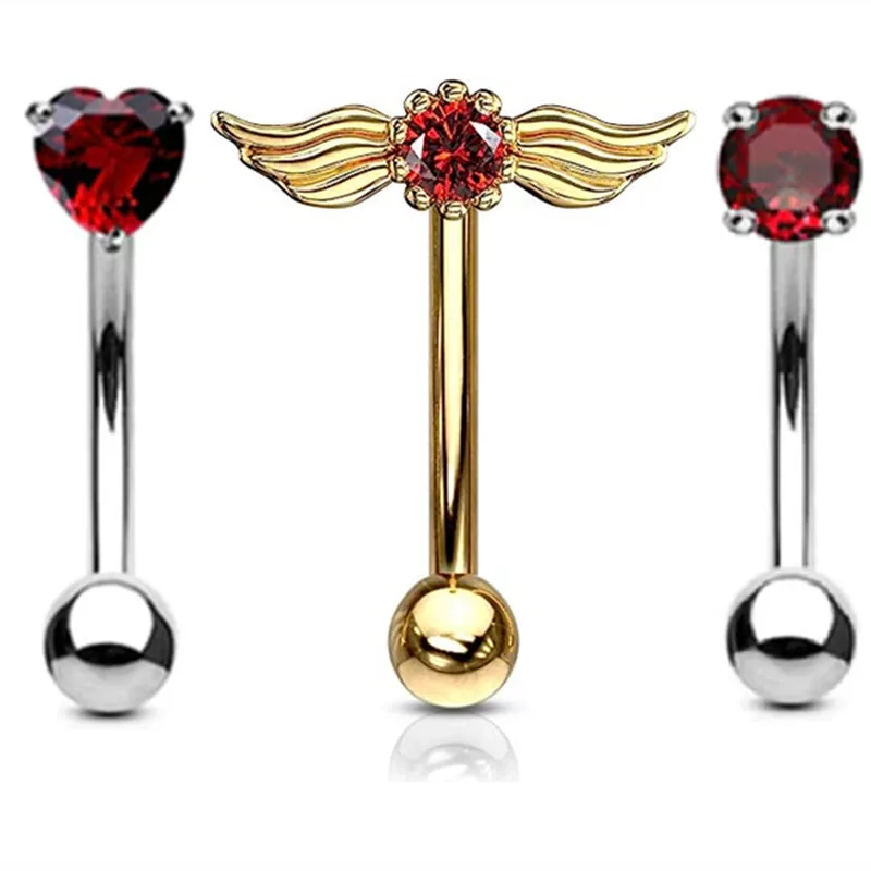Elegant Heart Crystal Curved Barbell & CZ Star Eyebrow Ring Set - 3-Piece Collection