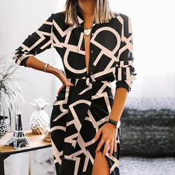 Vestido sexy de primavera para mujer, nuevo estilo, estampado, manga larga, escote en V, abertura en la cadera, 2022