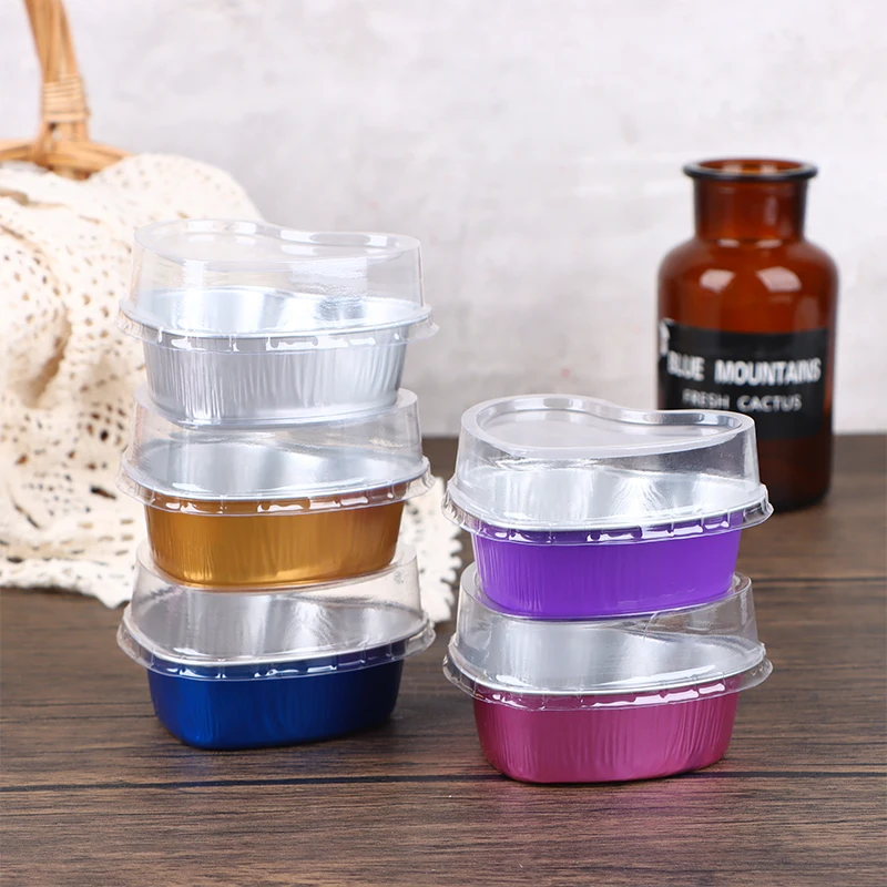 Heart Shaped Aluminum Foil Cake Pan 10Pcs baking supplies cake tools cake decorating kit With Lid Pudding Cupcake Cup Baking Cheese Tools Mould Kitchen Accessories