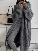 Femme longue tricoté manteau décontracté automne hiver mode manches longues avec poche Cardigan pull dames confort chaud chandails 4