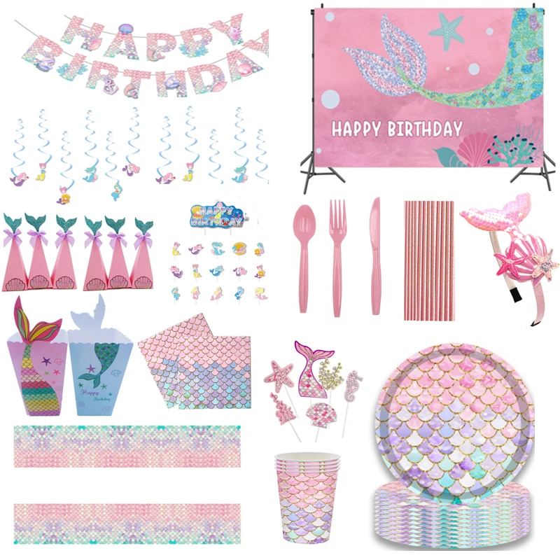 

Mermaid Party Supplies Disposable Tableware Cup Plates Napkin Mermaid Gift Girls Mermaid Birthday Party Decorations