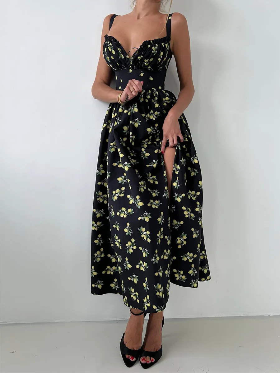 Bornladies 2025 Summer New Printing Cami Dress High Waist Slit Lemon Print Maxi Dress Vacation Long Dress For Women