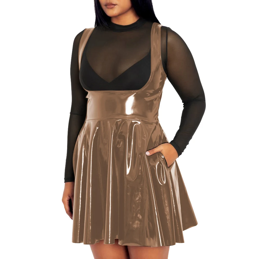 brown pvc dress Sexy Underbust Pleated Leather Sleeveless High Waist A-line Mini Dress Nip Dress in Cherry lace topper KissProm Mermaid Spaghetti Straps Color:PUFFIN STRIPE