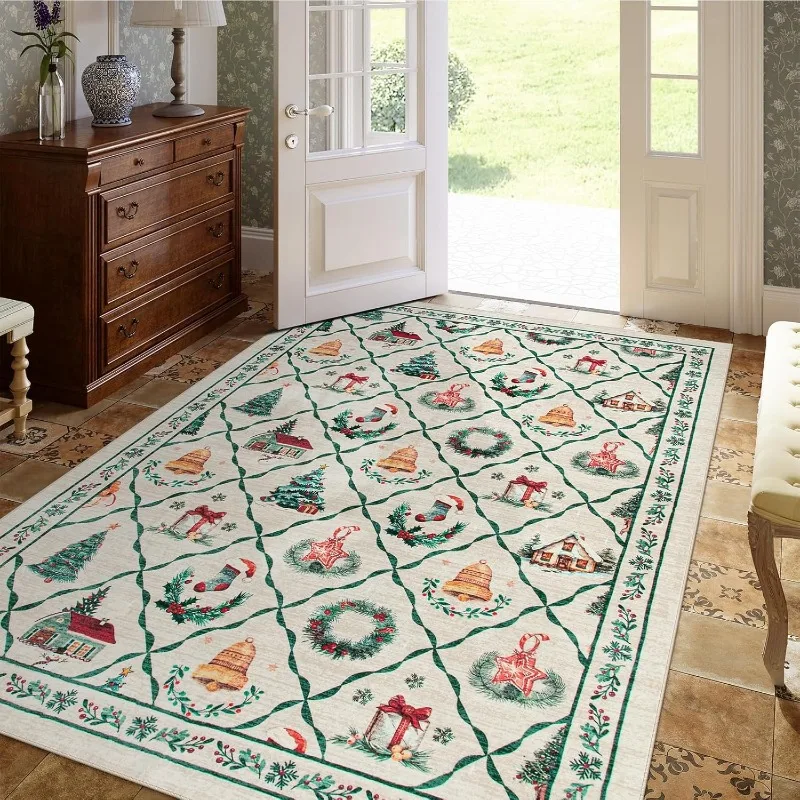 Christmas Style Living Room Carpet Christmas Tree Gift Print Bedroom Rug Machine Washable Holiday Decoration Coffee Table Mat 러그