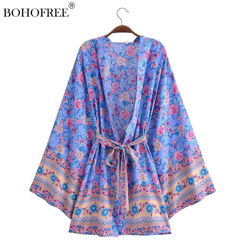 

Boho Style Midi Robe Rayon Cotton Floral Print Full Sleeve Bohemian Kaftan Beach Cover Up Summer Inspiration Mujer Kimono