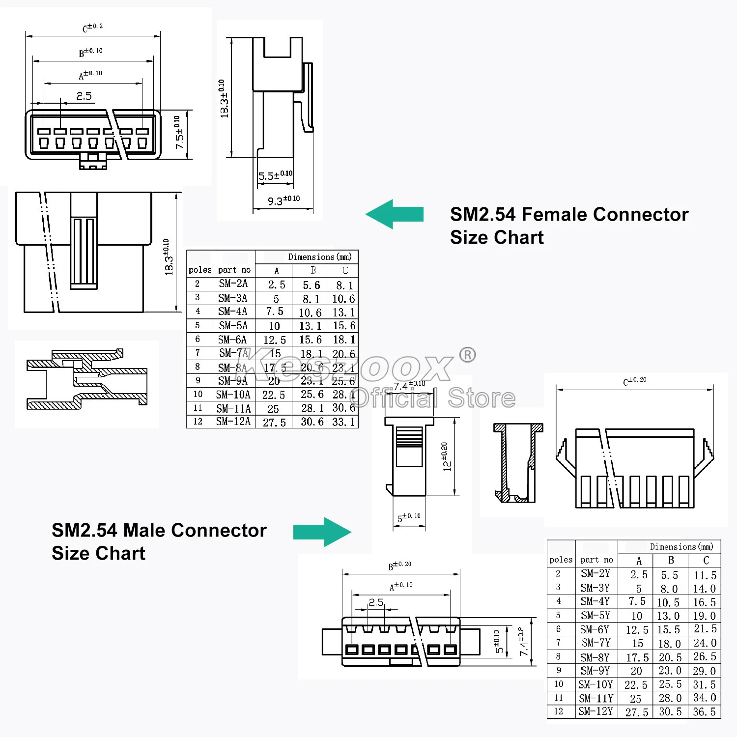 Keszoox JST 2.5mm 커넥터, SMP SMR SM 2.54 2-6 핀 수 암 커넥터 하우징, 22AWG 프리 크림프 케이블 포함