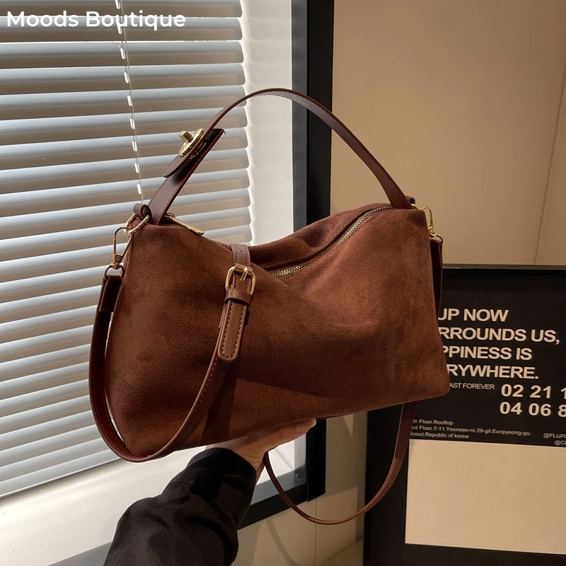 Saashi Vintage Suede Crescent Hobo Bag Luxury Womens Shoulder Purse Casual Crossbody Designer Clutch
