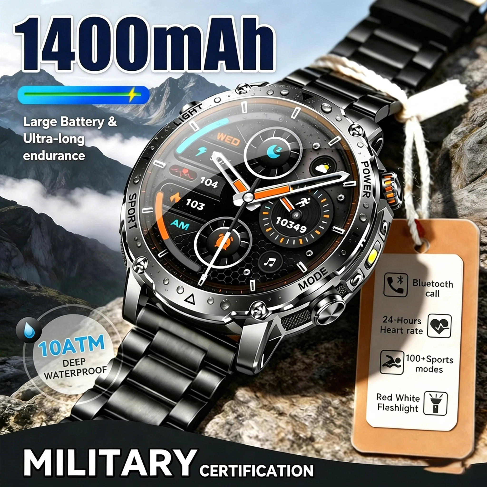 2026 1400 mAh Battery NEW Militar Built-in Dual-band GPS Sports Smart Watches Compass Outdoor RIDE Run IP68 Waterproof Bracelet 1