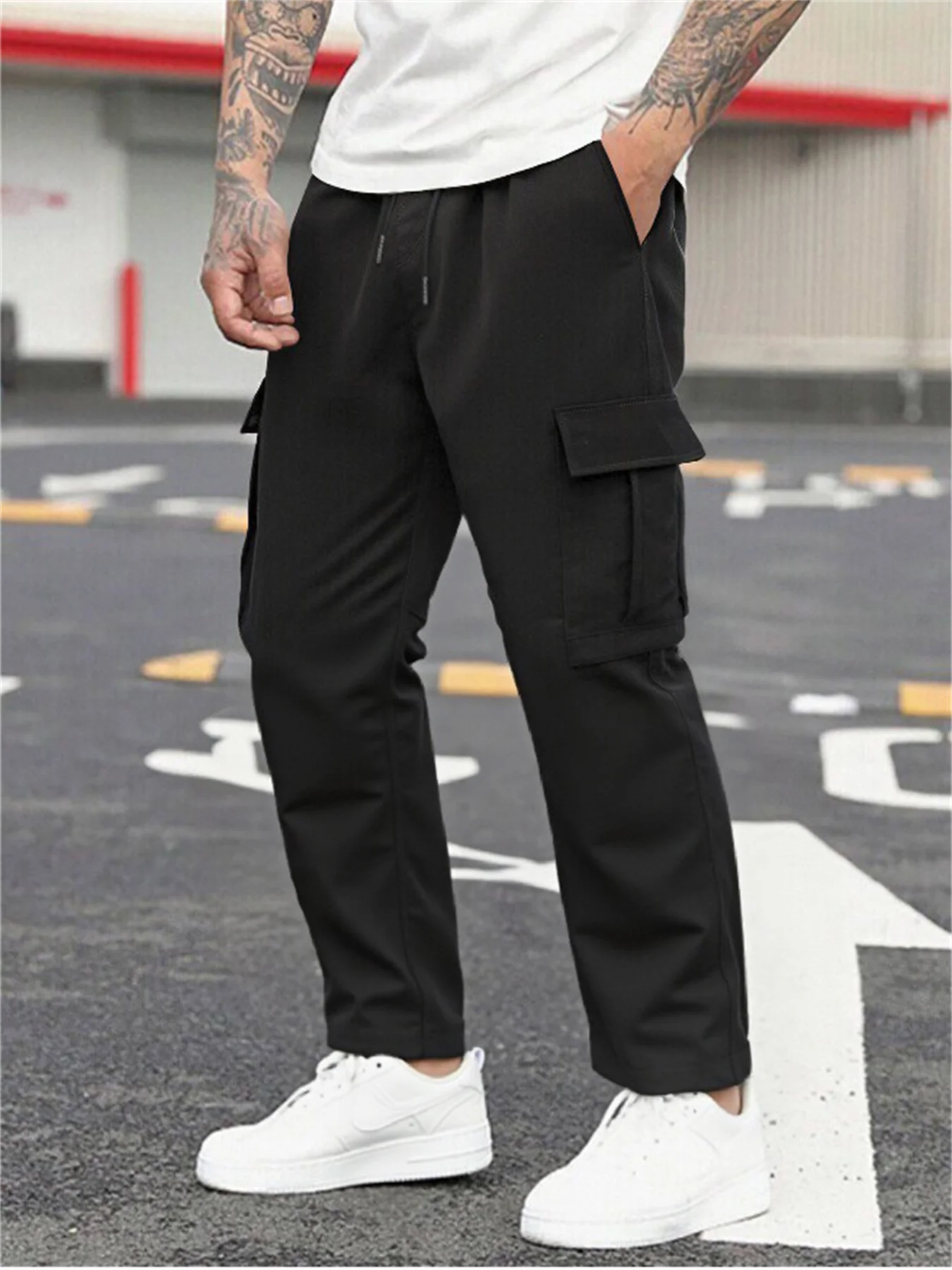 New men's overalls multi-pocket loose men draw rope solid color outdoor hiking overalls 2