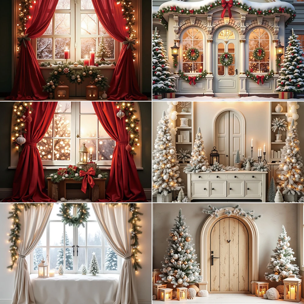 MOON.QG Christmas Window Door Photography Backdrop Xmas Tree New Year Photozone Background Home Decoration Photo Studio Supplies