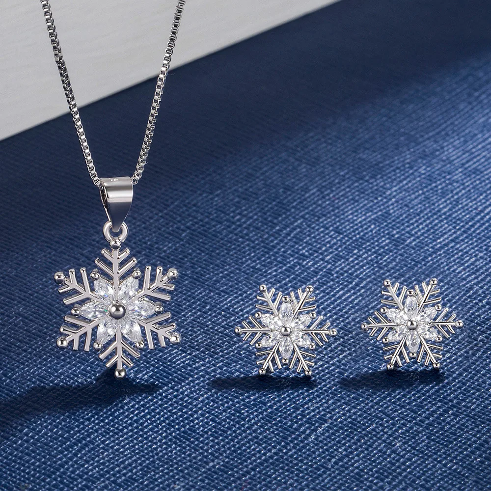 S925 Sterling Silver Jewelry Sets for Woman Shiny Cubic Zircon Snowflake Shape Pendant Stud Earrings Box Chain Party Accessories