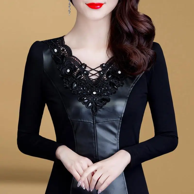 

1pcs Women's Blouses Tops 2024 Spring Fashion PU Leather Mesh Diamonds Splicing Hollow Primer Ladies Skinny Retro Black Shirts