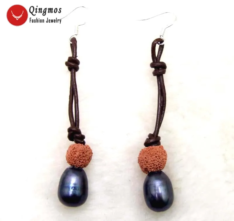 

Qingmos 10-11mm Drop Natural Freshwater Black Pearl Earring for Women with Purple Lava Rock Dangle Earring Leather Cord Earring