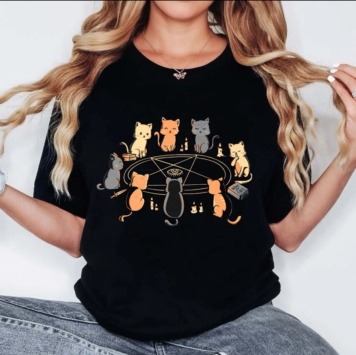 Женская модная черная футболка с круглым вырезом, одежда, повседневный топ с принтом, акварельная трендовая женская футболка 90-х с коротким рукавом и принтом кошки.