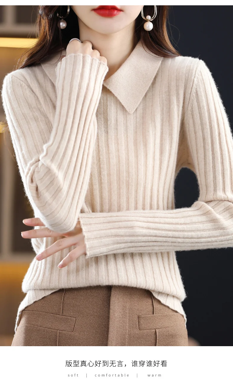 Autumn Winter New Woman 100% Wool Sweater Soft Polo Collar Vertical Stripe Pullover Casual Knitted Tops Cashmere Female Sweater
