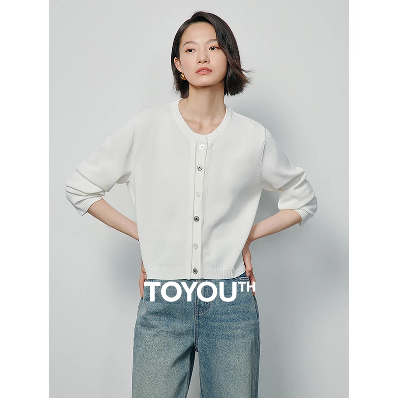 

TOYOUTH Women Knitted Cardigan 2024 Spring New Crew Neck Contrast Color Button Knitted Sweater Tops