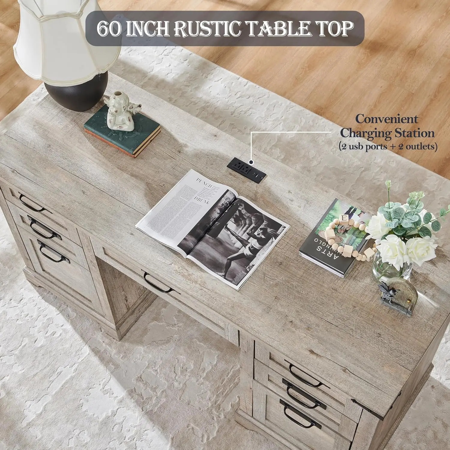 60" Executive Desk, Farmhouse Home Office Desk with Drawers, Charging Station, Keyboard Tray