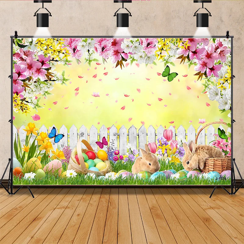 

SHENGYONGBAO Green Spring Easter Day Photography Backdrops Props Hare Rabbits Colorful Eggs Wood Photo Studio Background VV-12