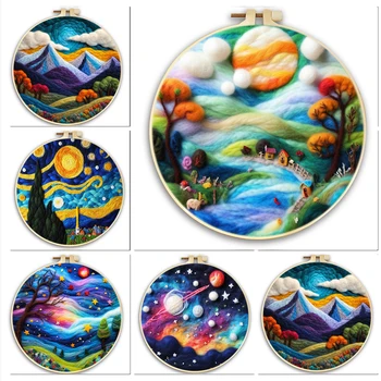 CHENISTORY bricolage laine feutre peinture coloré lune paysage démarreur Kit créatif aiguille feutrage laine peinture avec cadre artisanat cadeau 1