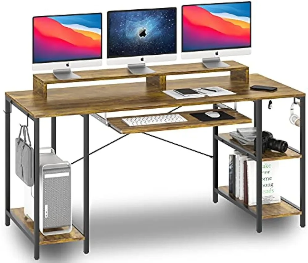 Computer Desk with Keyboard Tray, 55-inch Heavy Duty Desk with Storage Shelves, Easy Assemble, Rustic Brown