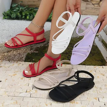 Women's Flat Bottom Sandals Bohemian Roman Beach Elastic Strap Slip-On Shoes Fairy Tale Skirt Matching Outdoor Wear Slippers 1