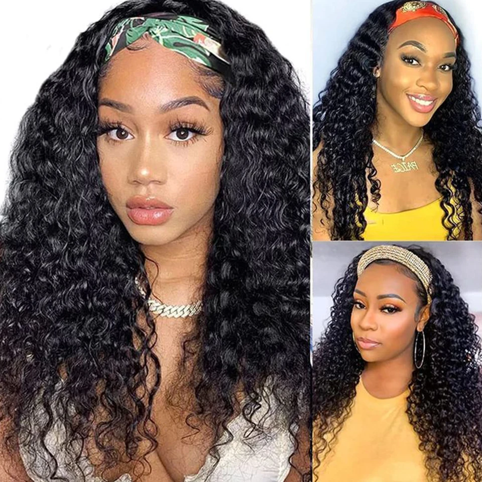 

Sleek Indian Kinky Curly Human Hair Headband Wig For Black Women 180% Density Glueless Remy Afro Kinky Full Machine Made Hair