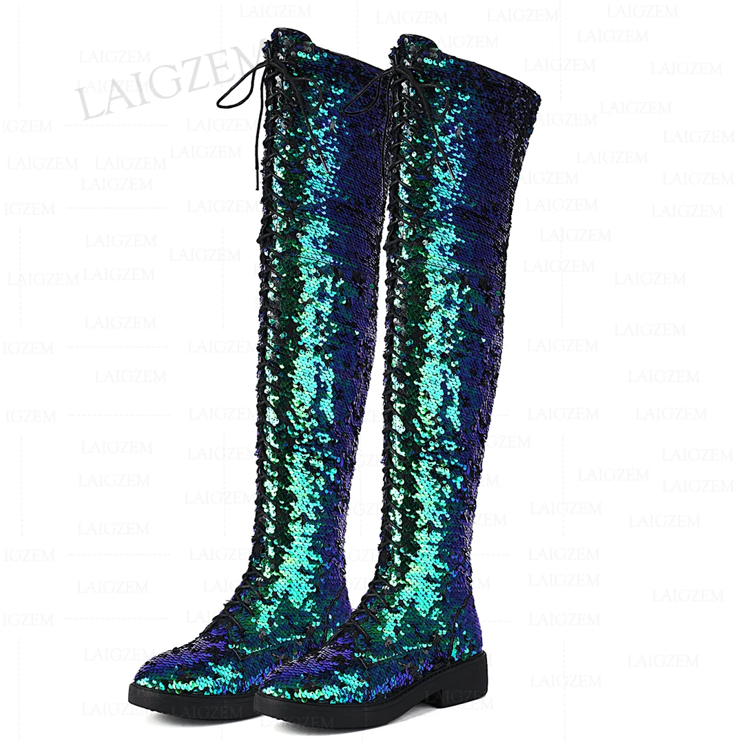 

LAIGZEM Over Knee High Boots Sequined Full Side Zipper Up 4CM Square Heels Tall Boots Ladies Shoes Woman Large Size 33 38 41 43