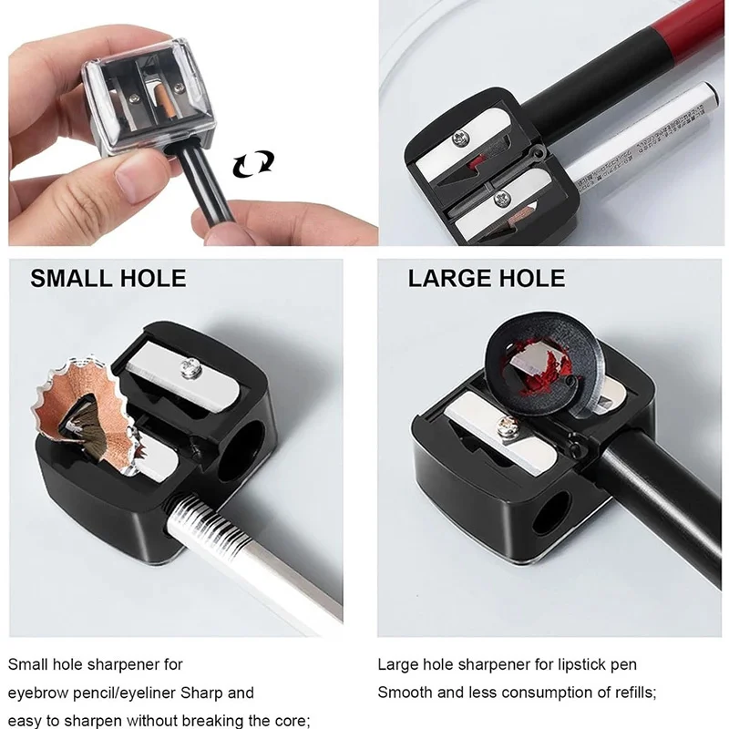 Temperino per matite da trucco 2 in 1 con design a doppio foro per il taglio e la tempera di matite per sopracciglia ed eyeliner, per forniture cosmetiche - immagine 3