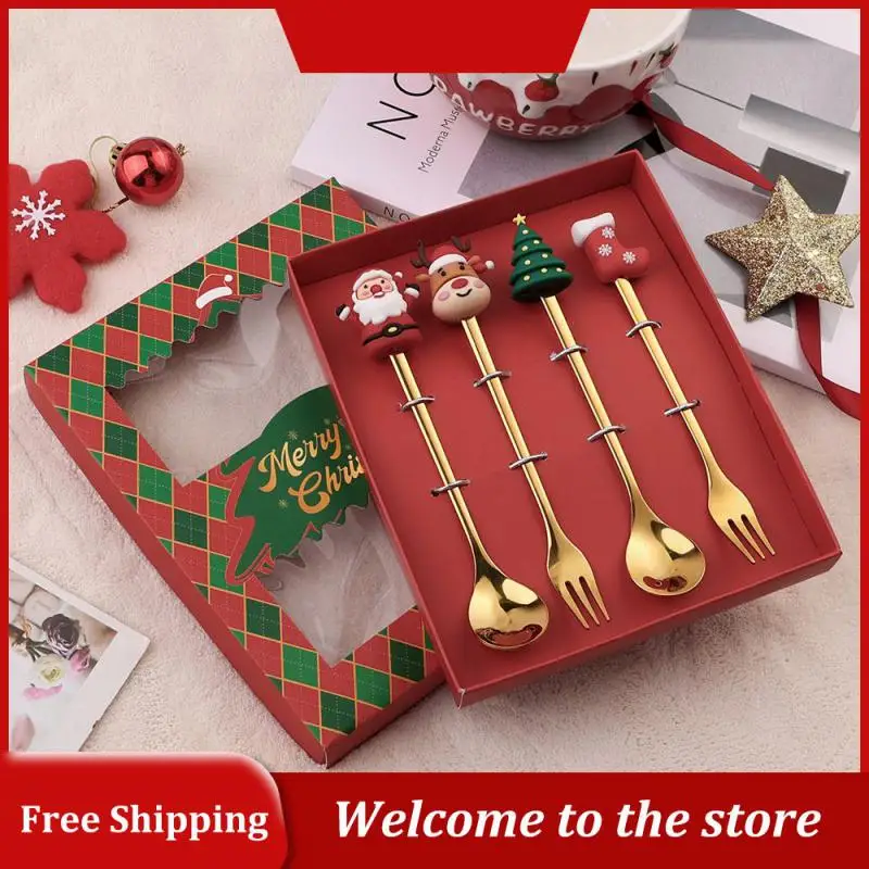 

Christmas Gift Glod Spoon Fork Set Elk Christmas Tree Decoration Dessert Scoop Fruit Fork Coffee Spoon Cutlery Set
