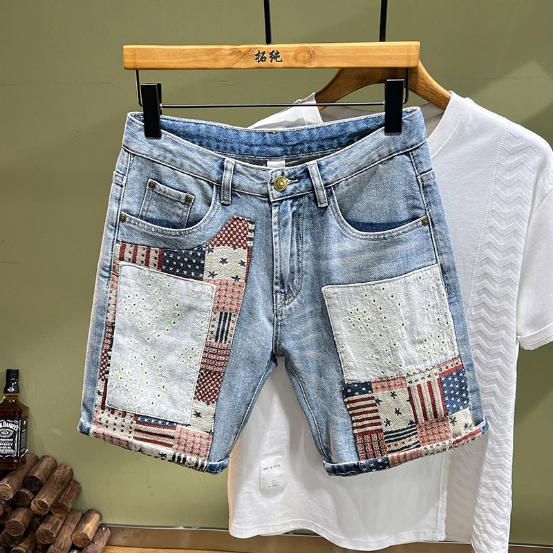 

Street handsome men's denim shorts personalized splicing patch Slim small straight leg pants heavy embroidery pants