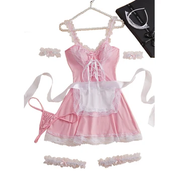 Sexy Women Pleated Micro MINI Dress Bandage Maid Uniform Slip Mini Dress Set Night Club Outfits Allure Ruffled Dress Backless 1