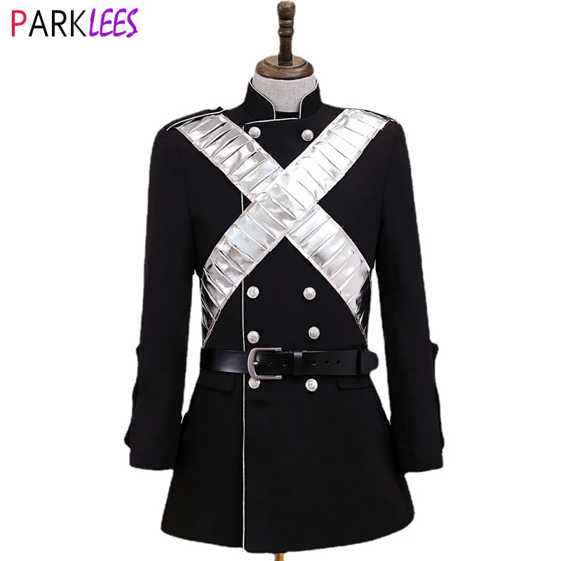 Mens Steampunk Military Long Blazer Jacket Double Breasted Belt Design