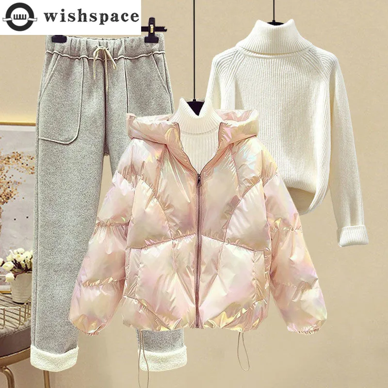 Korean Style Thickened Cotton Jacket High Neck Knitted Sweater Flocked Pants Three Piece Elegant Women's Pants Set Winter Outfit non slip flocked velvet coat hangers children s clothes hangers kids baby children s clothing shop 30cm 10pcs