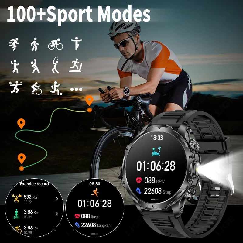 LIGE Smartwatch Military Men 1.9" HD Screen Flashlight Waterproof 700mAh Battery Heart Rate BT Call Smart Watch For Android IOS