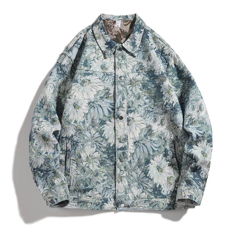 

Autumn Bomber Jacket Men Floral Jacquard Coat Fashion Korean Street Causal Button Outerwear Clothing Tops Male Female Plus Size