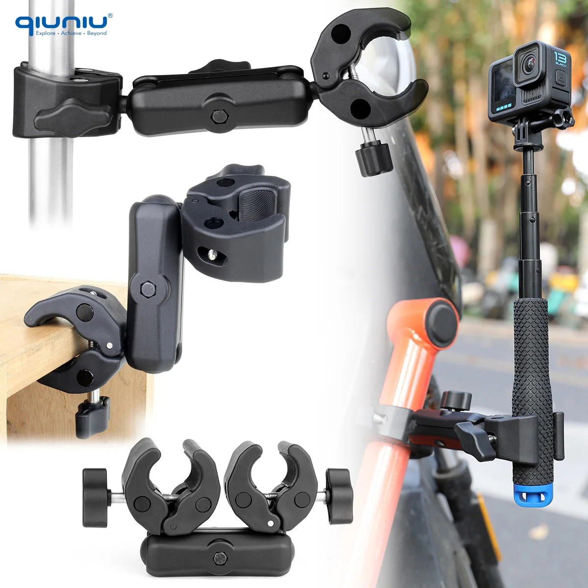 Super Morsetto Doppia Fotocamera Morsetto Granchio Pinza Clip Staffa di Montaggio Braccio Monitor Doppia Testa a Sfera per GoPro Insta360 DJI Action Camera