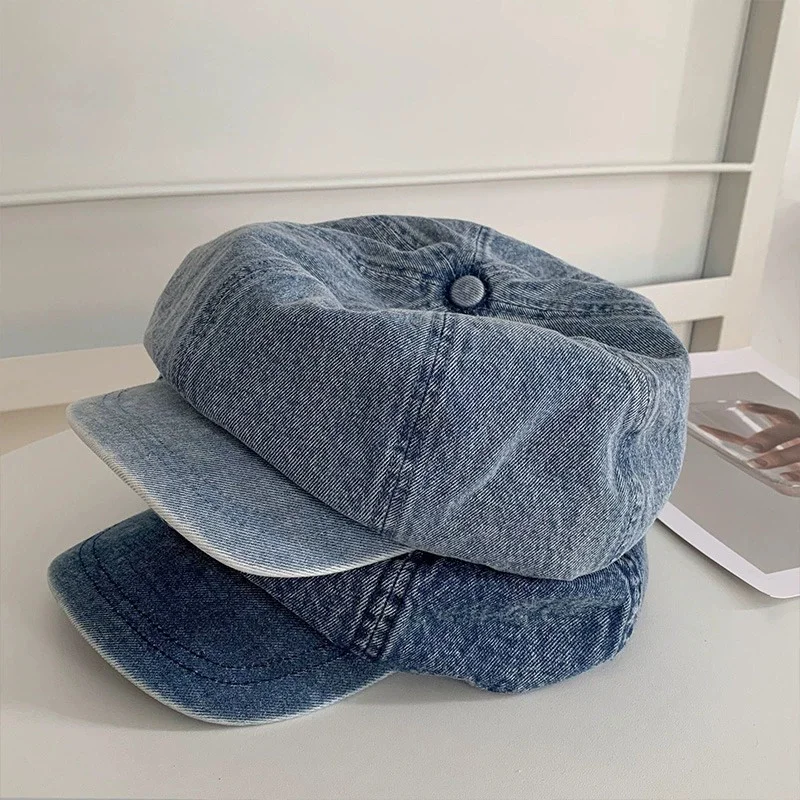 

NEW Autumn Hats for Women Washed Denim Fabric Octagonal Hat 2023 Fashionable and Versatile Artistic Painter Hat Newsboy Cap