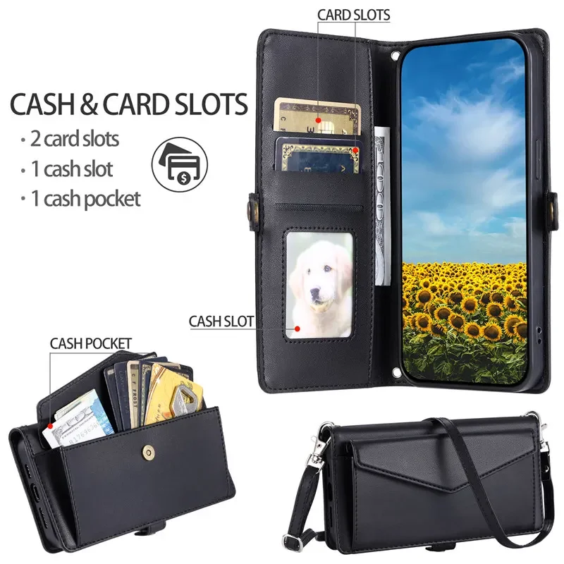 Deluxe Leather Wallet Case with Long Lanyard and Card Holder