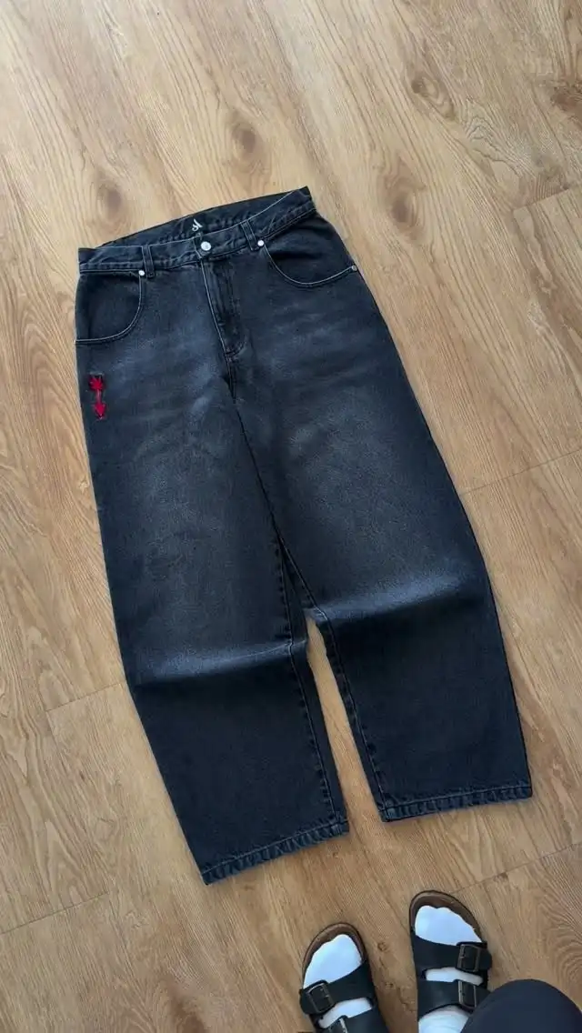 Y2K Vintage Loose Denim Pants Black Japan Cartoon Pattern Embroidered Jeans Women Wide Leg High Waist Streetwear Men Jeans 6