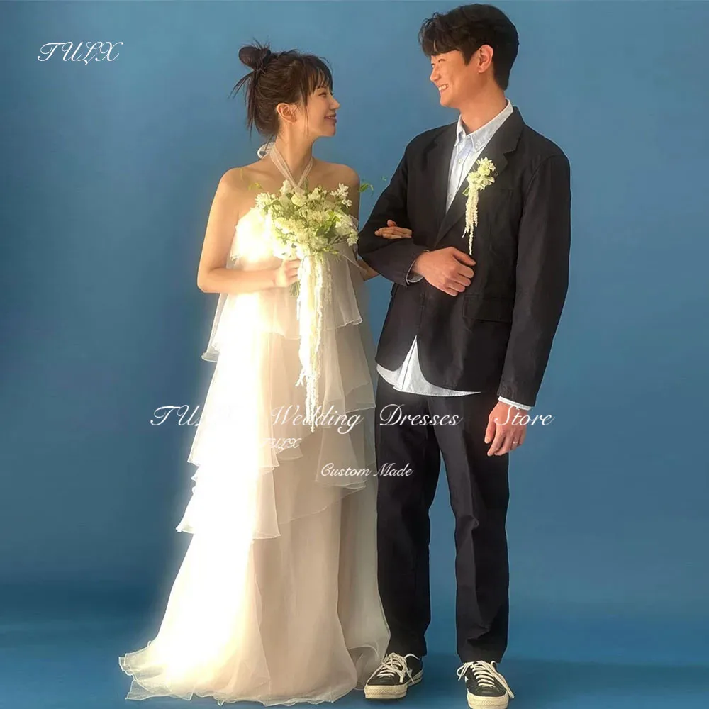 Simple Halter Neck Korea Wedding Dresses Chiffon Tiered Sleeveless Floor Length Bridal Gown Customised Bride Party Dress