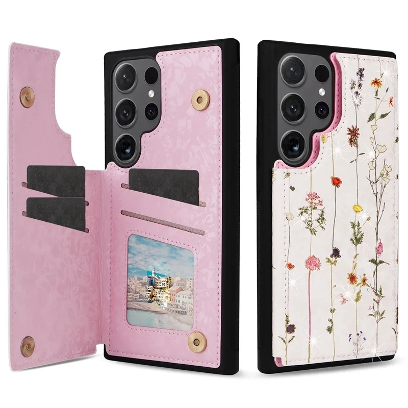 Floral Wallet Card Holder Flip Leather Case with RFID Blocking Technology